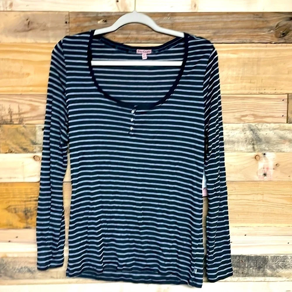 Juicy Couture size XL gray stripe Henley gem button long sleeve top